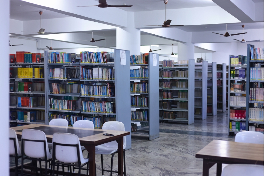 TMU Central Library with bookshelves and study area